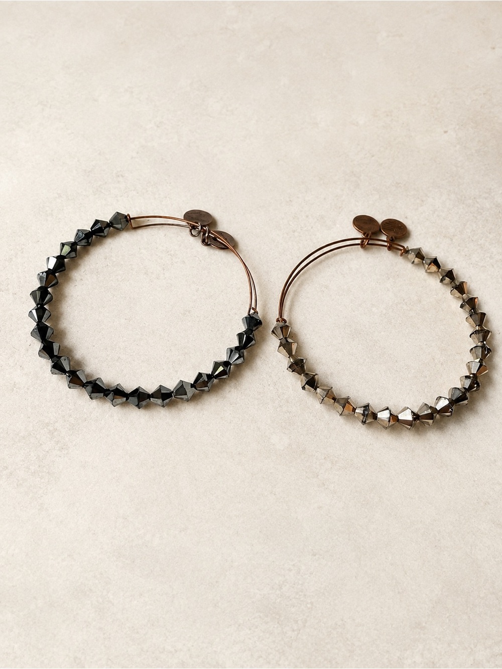 2 Alex and Ani Hematite and Bronze Tone Beaded Expandable Bracelets